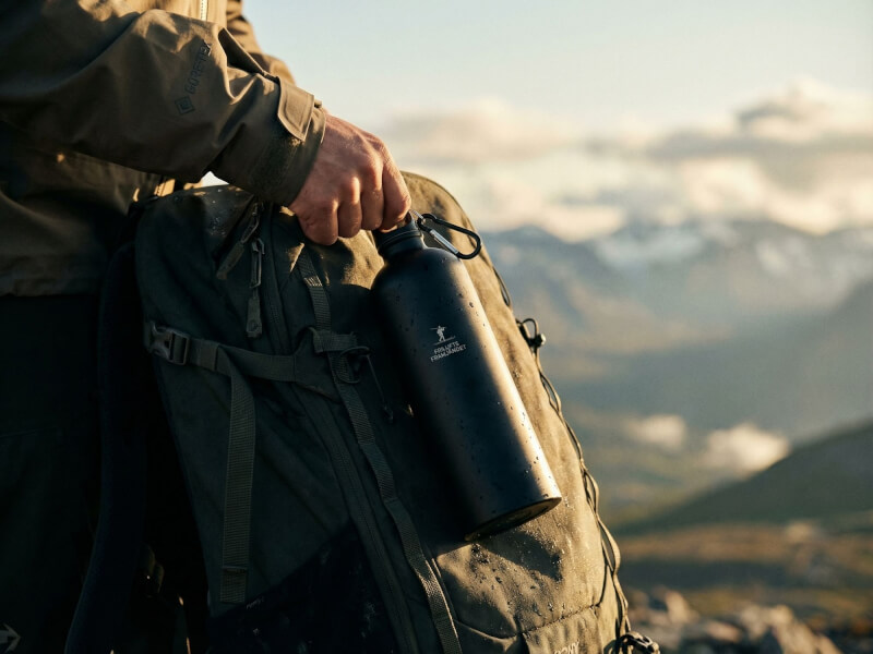 Person som håller en svart vattenflaska Pacific Matt med lasergraverad Friluftsfrämjandet-logotyp under en friluftsaktivitet.
