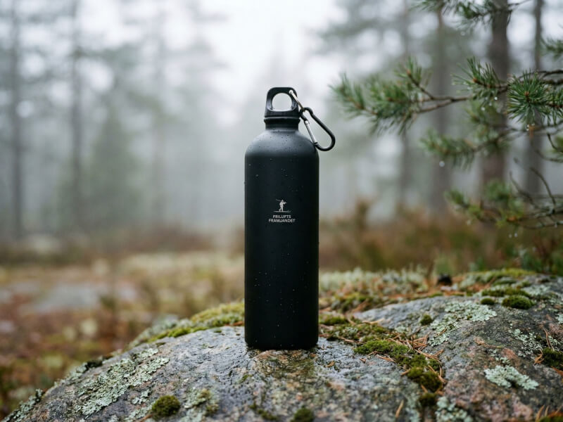 Svart vattenflaska Pacific Matt med Friluftsfrämjandet-logotyp placerad i en naturmiljö med grönska.
