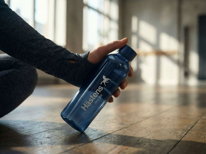 Hand som ställer ner en mörktonad Hästens vattenflaska på ett trägolv med vackert insläpp av solljus genom ett spröjsat fönster