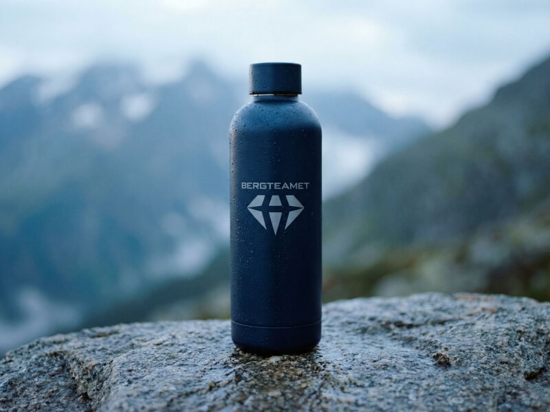 Bergteamet mörkblå termosflaska solitärt stående på en karg klipphäll framför dramatiska, snötäckta bergstoppar utomhus