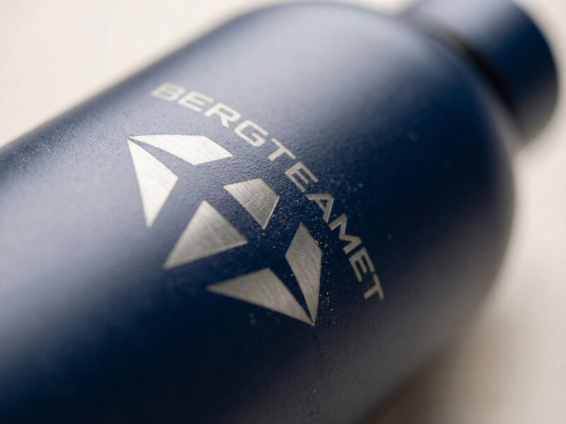 Skarpt focuserad makrobild av Bergteamets ruter-formade logotyp inbränd genom lasergravyr på en mörkblå matt metallyta