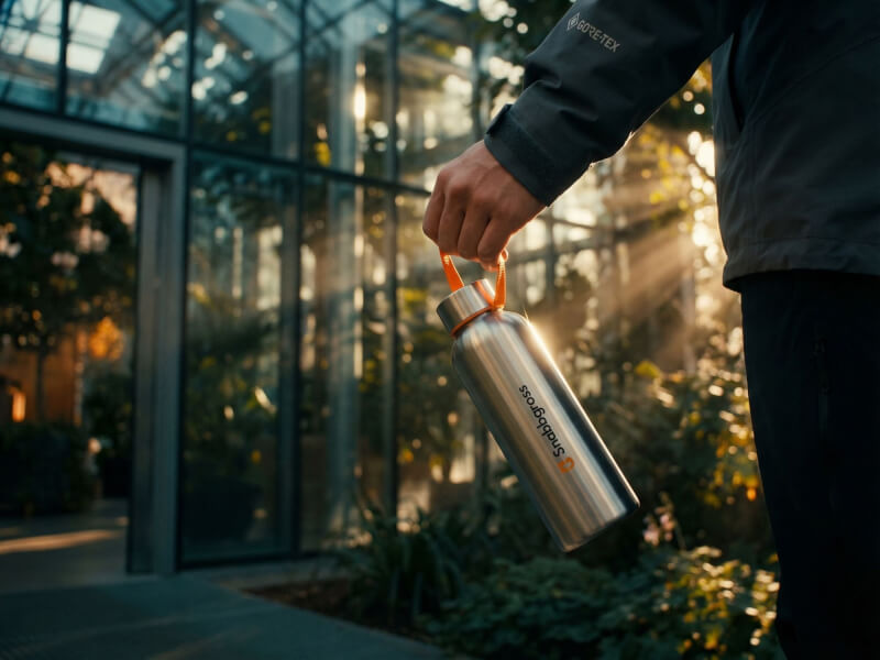 Vattenflaska Drop med Axfood Snabbgross-tryck placerad i lagermiljö bland hyllor