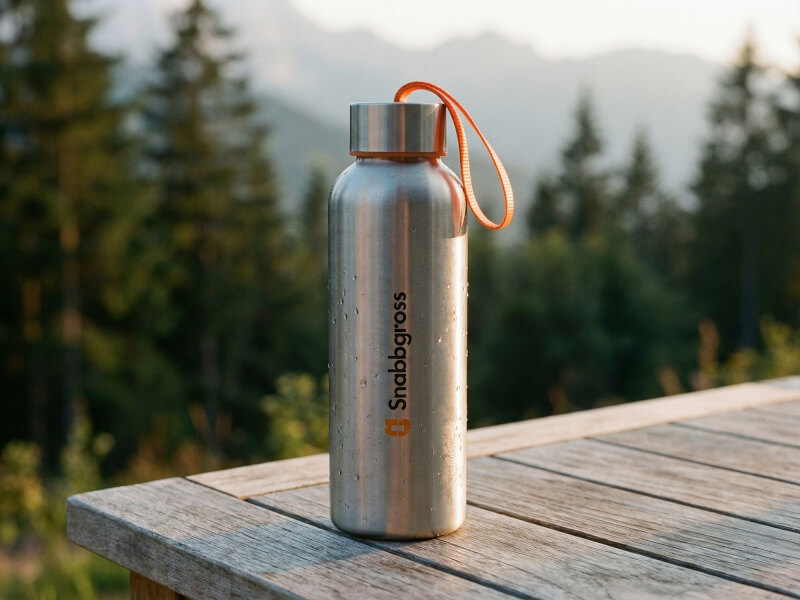 Tampotryckt vattenflaska drop droppformad med bred öppning fotograferad i lagermiljö bland hyllor