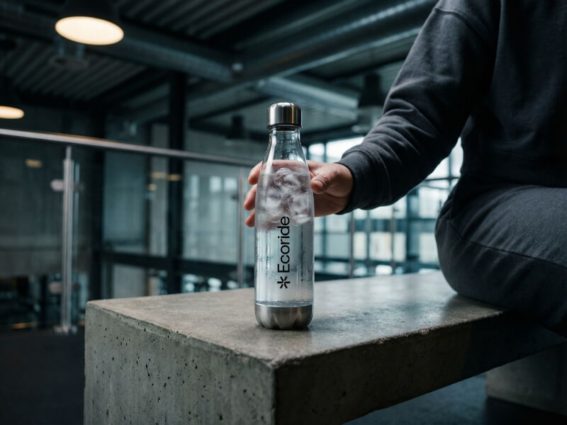 Anonym person sittande på en betongbänk inomhus i en modern industriell lokal, som ställer ner en transparent vattenflaska med Ecoride-tryck