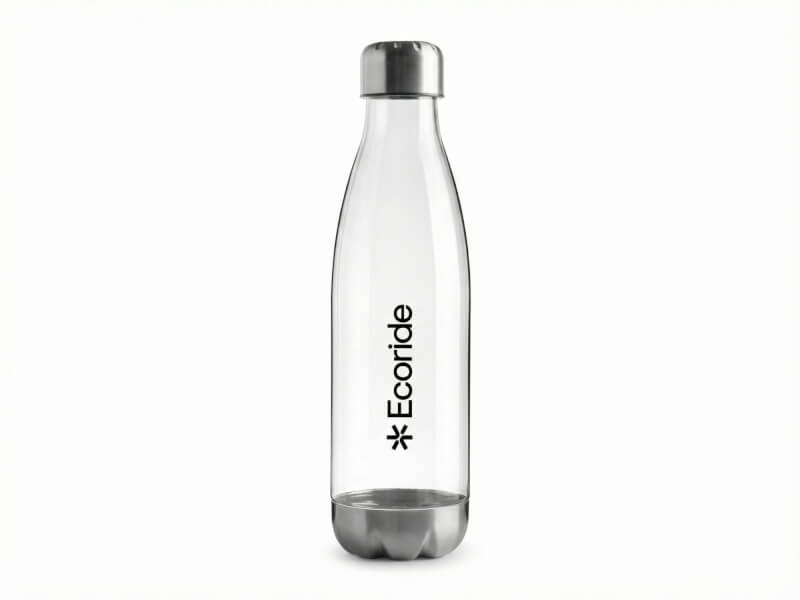 Transparent vattenflaska med botten i stål och silverfärgat lock, Ecoride-logotyp på vit bakgrund