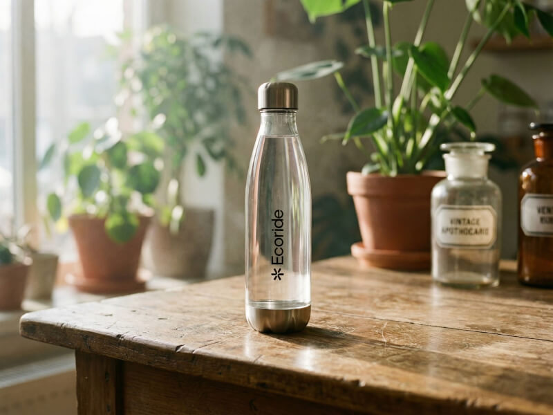 Transparent vattenflaska med Ecoride-tryck och stålbotten stående på ett rustikt träbord omgiven av krukväxter