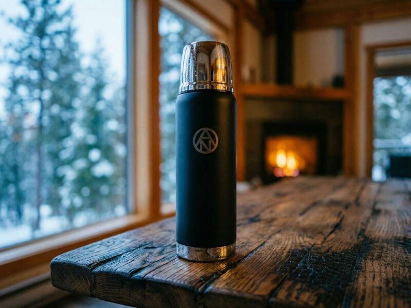 Svart ståltermos med Arvid Nordquist-gravyr stående på ett grovt träbord utomhus, nära ett fönster med skymtande brasa innanför ett hus