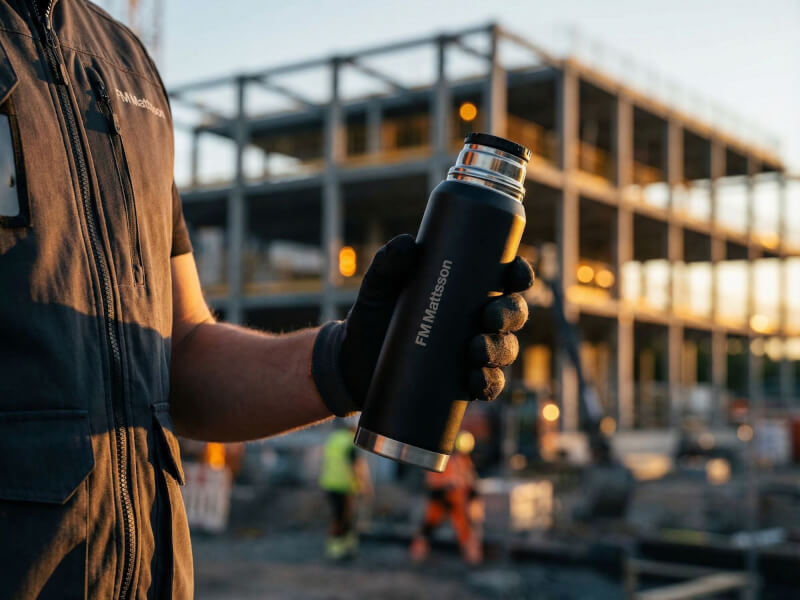 Hand klädd i mörk arbetshandske på en person i arbetskläder håller en svart FM Mattsson-termos på en byggarbetsplats badande i varm kvällssol