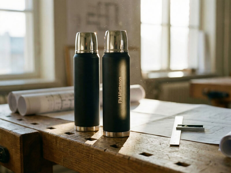 Två svarta FM Mattsson-termosar uppställda bredvid hantverkarverktyg, pappersrullar och ritningar på en kraftig arbetsbänk intill ett fönster