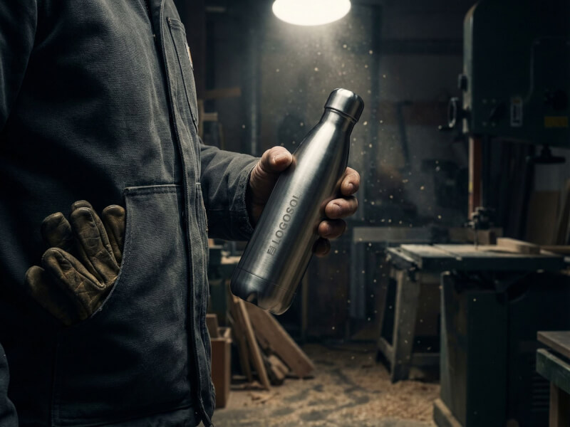 Arbetare i rejäla arbetshandskar och tålig jacka granskar sin silverfärgade Logosol-termos inuti en atmosfärisk träverkstad