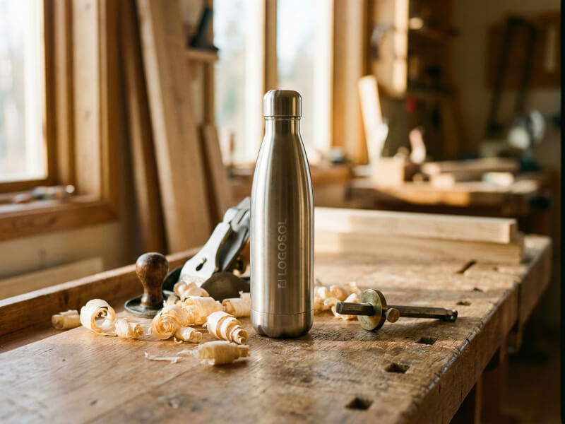 Silverfärgad termosflaska från Logosol stående på en robust hyvelbänk täckt med trähuggor intill traditionella snickeriverktyg