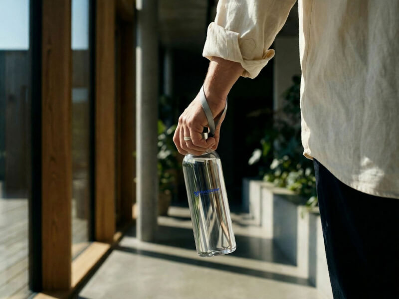 Transparent glasvattenflaska stående på ett utomhusbord i väderbitet trä med upplyst gräsmatta och lekande kvällssol i bakgrunden