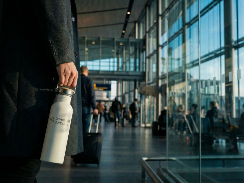 Person i mörk kappa promenerandes i en modern ljus flygplatsterminal hållandes en vit Swedavia Airports-vattenflaska i bygeln