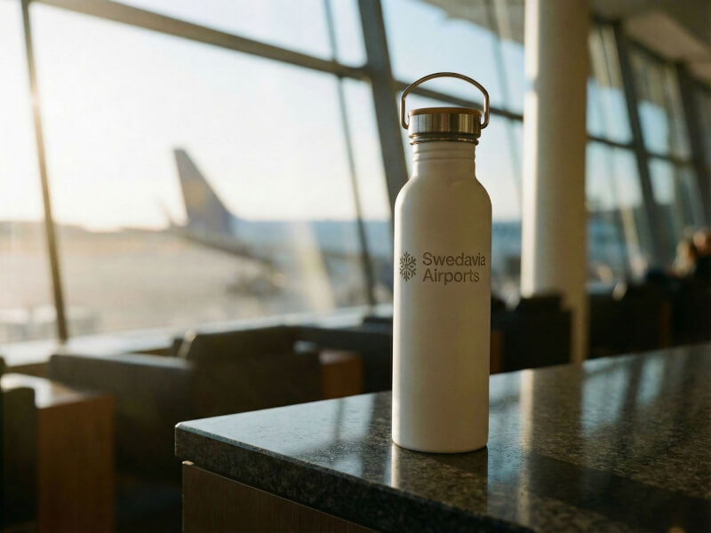 Vit vattenflaska med Swedavia Airports-logotyp stående på ett bord inuti en terminalbyggnad med flygplan synliga genom fönstren i bakgrunden