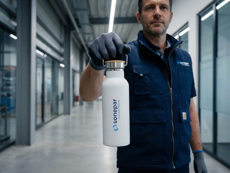 Vit matt Termosflaska Miles med blått tryck och trälock, hålls av en man i arbetskläder i en industrilokal.