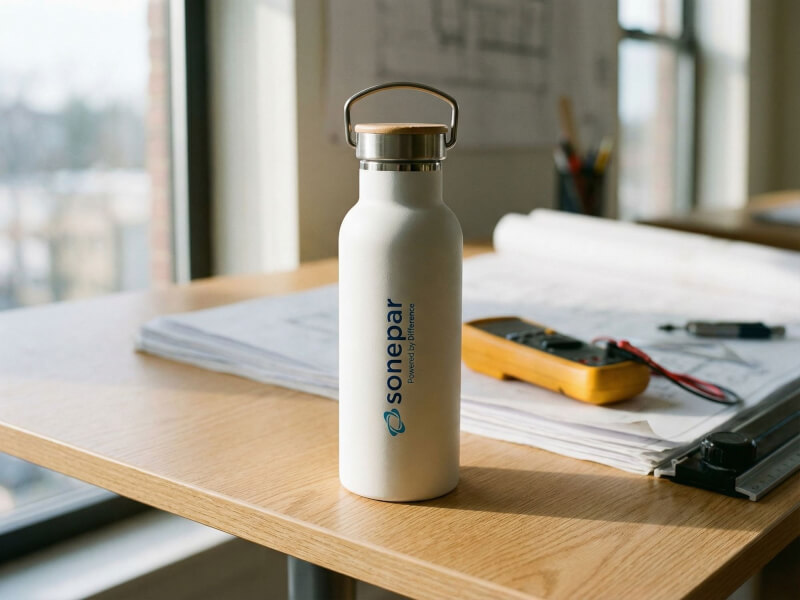 Matt vit Termosflaska Miles med bambukork och blått företagstryck, placerad på ett skrivbord med ritningar och en gul multimeter i en ljus kontorsmiljö.