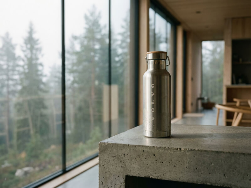 Termosflaska Thor 480 i rostfritt stål med lasergraverad Volvo-logotyp och vattendroppar. Står på ett betongblock i en modern interiör med stora fönster och utsikt över en skog.