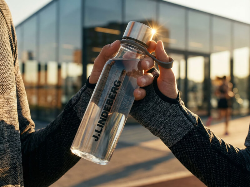 Två personer i träningskläder skålar ute i kvällssol med varsin transparent J.Lindeberg vattenflaska med stålbotten