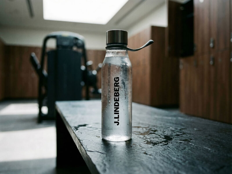Transparent J.Lindeberg vattenflaska stående på en mörk bänk inuti ett modernt utomhusgym eller träningsanläggning