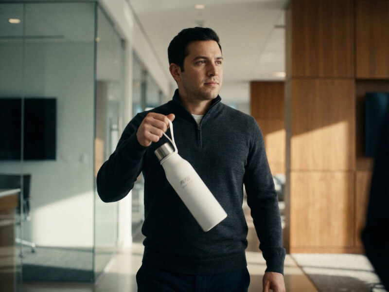 En man i mörk stilren klädsel promenerar i en glasad kontorskorridor med en vit Smart Eye termosflaska bärandes via locköglan