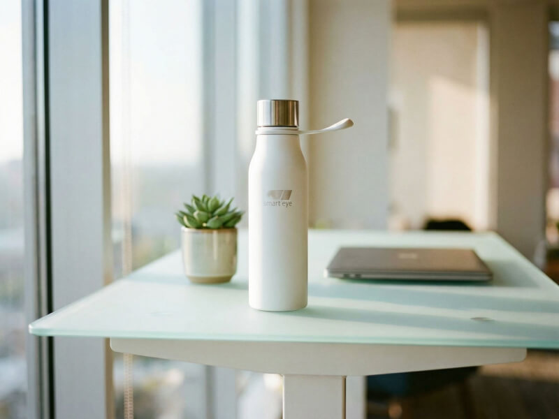 Vit termosflaska från Smart Eye stående på ett modernt och ljust skrivbord med bärbar dator och krukväxt i trevlig affärsmiljö