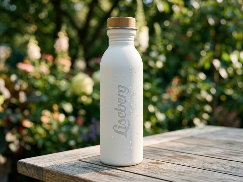 Vit vattenflaska med Liseberg-tryck och korklock stående på ett rustikt träbord utomhus i trädgårdsmiljö