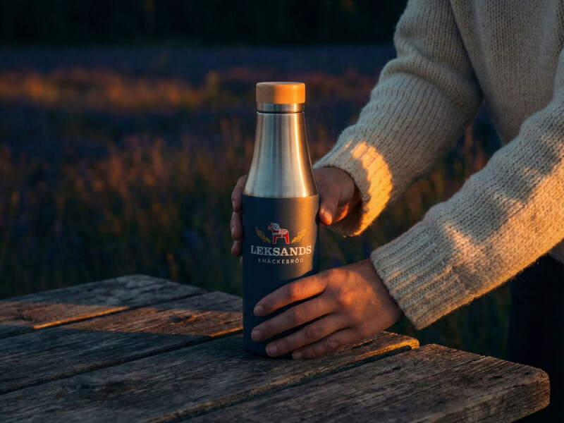 Händer som håller den blågula Leksands Knäckebröd-termosen i strålande kvällssol sittande vid ett utomhusbord av trä