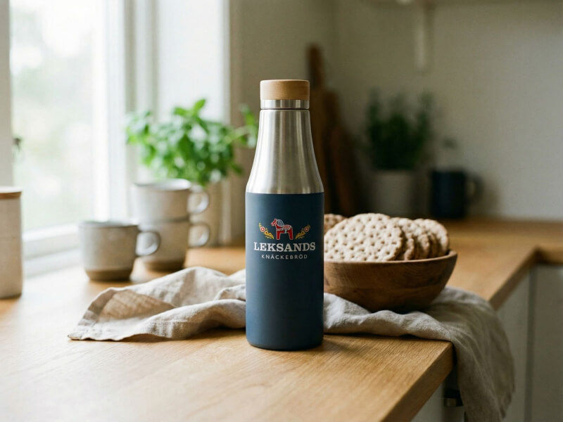 Leksands Knäckebröd-termosflaskan uppställd på en ljus, lantlig köksbänk av trä bredvid en korg fylld med runt knäckebröd