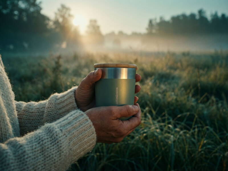 Person i stickad tröja håller i en matt olivgrön termosmugg Lagan med laser-graverad Lantmännen-logotyp i en dimmig morgonmiljö utomhus.