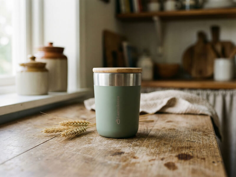 Termosmugg Lagan i matt salviagrön färg med bambulock stående på ett rustikt träbord i ett lantligt kök, märkt med Lantmännen-logotyp via lasergravyr.