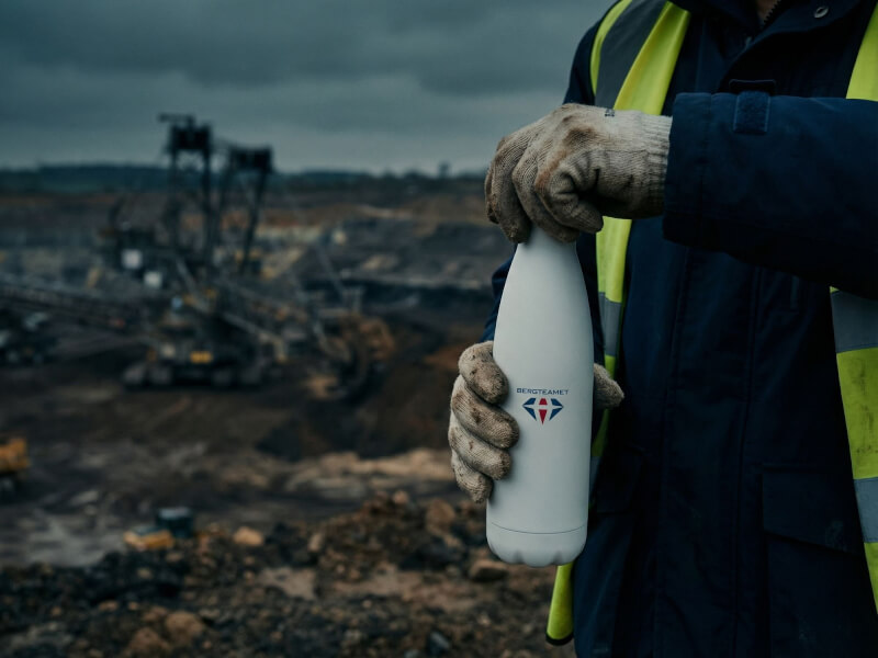 Person i varseljacka och grusiga kraftiga arbetshandskar greppar en ren, vit Bergteamet termos stående framför en tung gruvmaskin