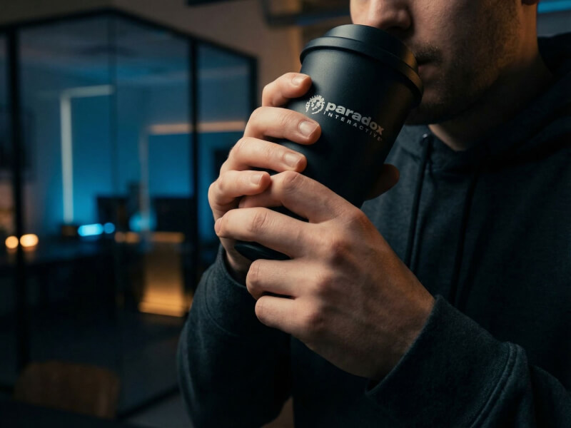Person som dricker ur en svart matt Americano plastmugg med tryckt Paradox Interactive-logotyp i en modern kontorsmiljö.