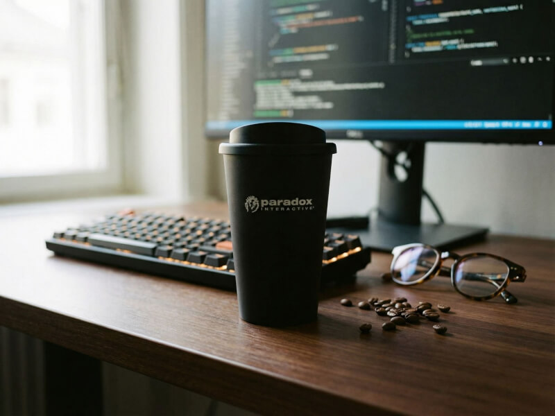 Svart matt Plastmugg Americano med Paradox Interactive-logotyp placerad på ett skrivbord i en kontorsmiljö med en datorskärm och kaffebönor.