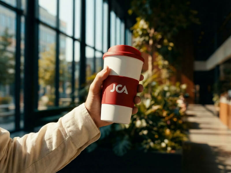 En person som håller i en vit matt Plastmugg Americano Grip med rött lock och rött greppband med tryckt JCA-logotyp i en modern kontorsmiljö med stora fönster.