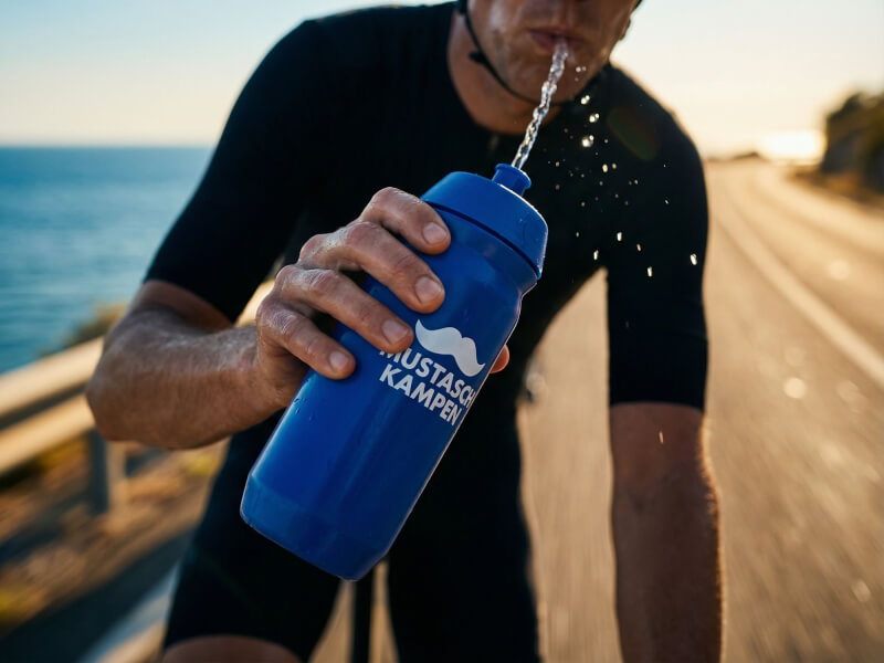 Cyklist dricker dynamiskt ur en blå Mustaschkampen sportflaska medan denne cyklar på en solbelyst kustväg