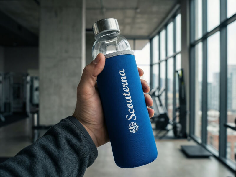 Person som håller en vattenflaska med blått överdrag och Scouterna-tryck, inuti ett gym eller modern byggnad med stora fönster och stadsutsikt