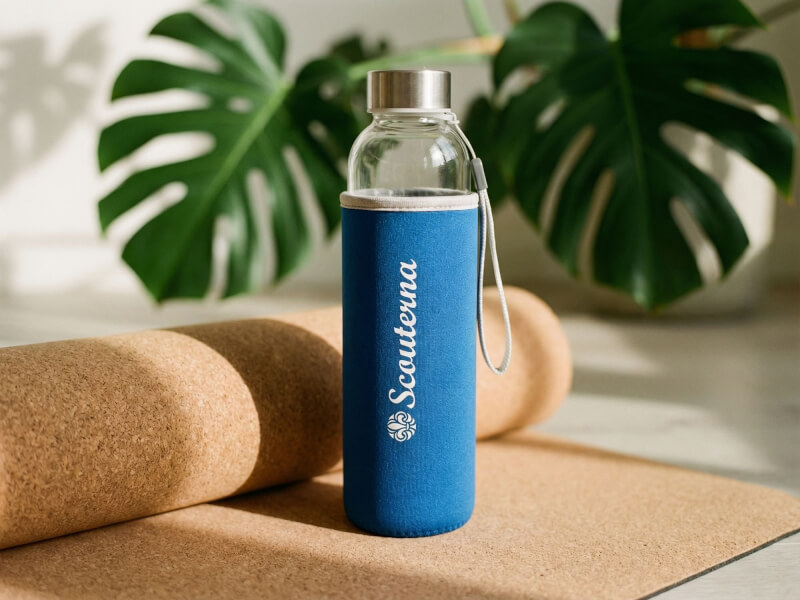 Vattenflaska med blått överdrag och Scouterna-tryck stående på en ihoprullad korkyogamatta i solljus med ett grönt växtblad i bakgrunden