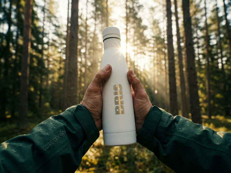 Vit matt termosflaska med lasergraverad logotyp som hålls av två händer klädda i en grön Gore-Tex-jacka i en solig skog.