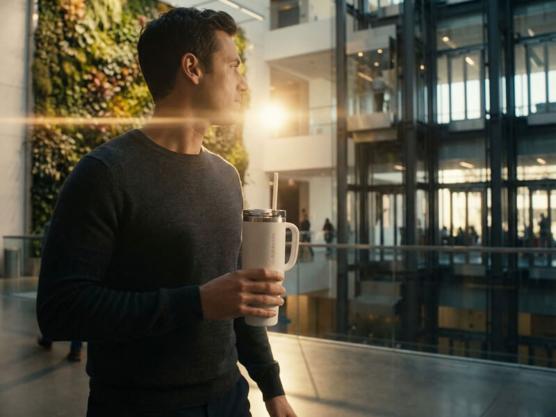 Man som håller en vit, matt termosmugg Melbourne med Databricks-logotyp i en modern kontorsmiljö med en grön vägg.