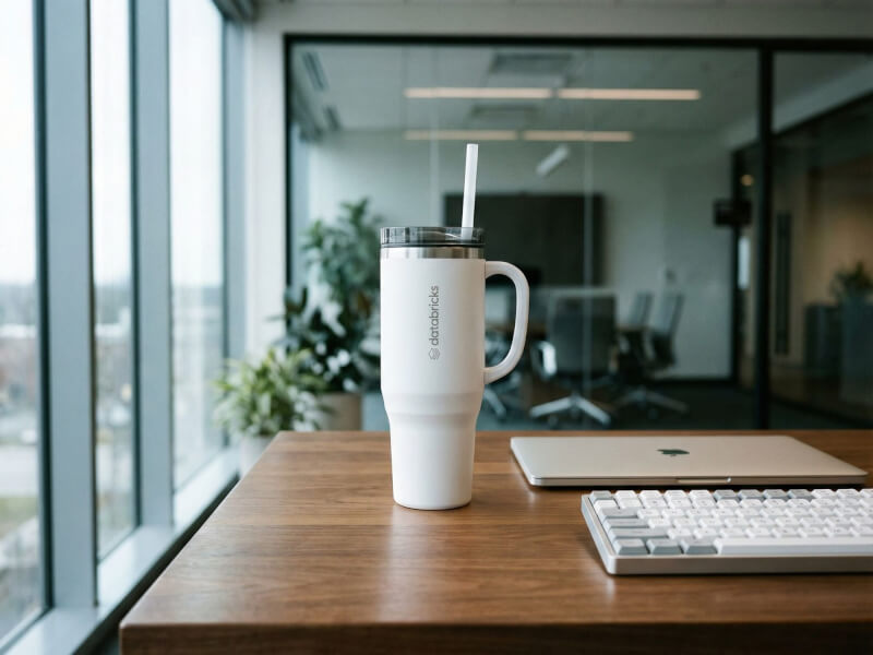 Vit matt termosmugg Melbourne med Databricks-logotyp lasergraverad, placerad på ett skrivbord i en modern kontorsmiljö med laptop och tangentbord.