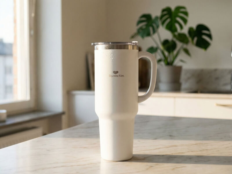 Vit termosmugg Sydney med matt finish, försedd med lasergraverad logotyp för Djurens Rätt, placerad på en marmorbänk i ett ljust kök.
