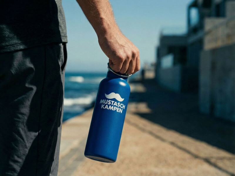 Mörkblå matt Termosflaska Ragnar med vitt tryck, hålls av en person på en solig strandpromenad vid havet.