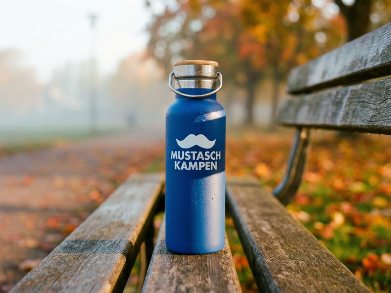 Matt mörkblå Termosflaska Ragnar med bambulock och vitt tryck av 'Mustaschkampen', stående på en parkbänk i höstmiljö.