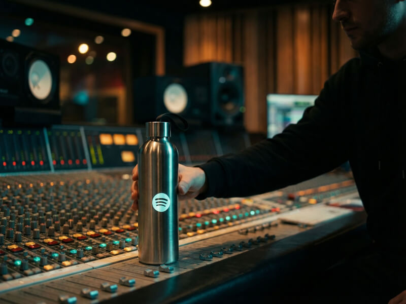 Handgrepp om en silverfärgad Spotify-ståltermos i en mörk och högkvalitativ inspelningsstudio över ett utbrett mixerbord