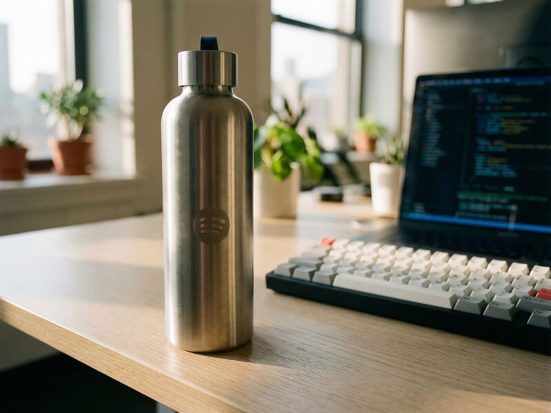 Silverfärgad termosflaska med Spotify-gravyr placerad på en träbänk intill gröna växter och en datorskärm med kod, i kreativ miljö
