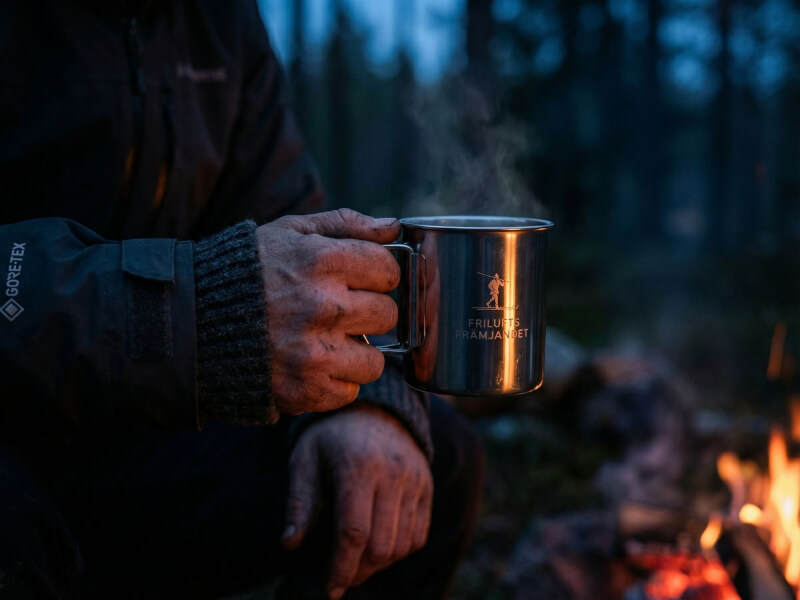 Person med ylletröja håller en glänsande rostfri kaffemugg Nunavut med lasergraverad Friluftsfrämjandet-logotyp vid en lägereld i skogen.