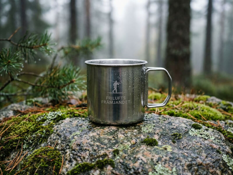 Kaffemugg Nunavut i rostfritt stål med lasergraverad Friluftsfrämjandet-logotyp, placerad på en mossig sten i en dimmig skog.