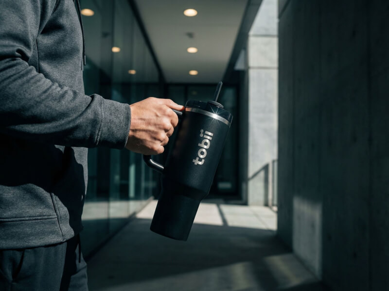 Person som håller i en mattsvart Quencher-termosmugg med laser-graverad Tobii-logotyp i en modern kontorsmiljö.