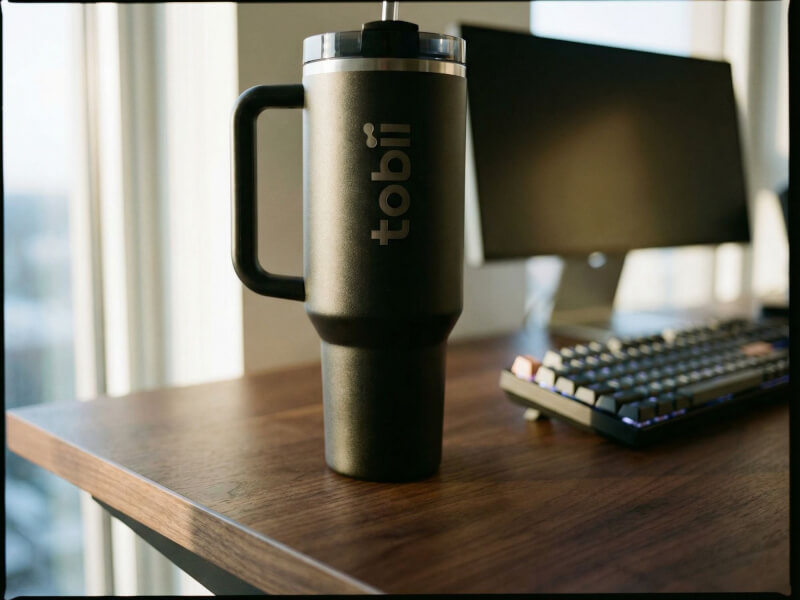Svart matt termosmugg Quencher med lasergraverad Tobii-logotyp placerad på ett skrivbord i en kontorsmiljö.