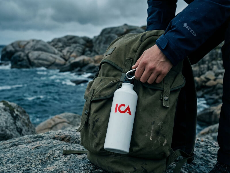 Person i blå jacka med mörkgrön ryggsäck som håller en vit metallflaska med ICA-tryck vid en stenig kustlinje